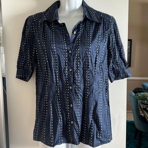 Anne Klein Stretch Navy Blue polka dots short sleeve blouse work career top